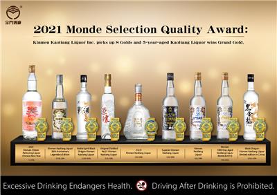 2021 Monde Selection Quality Award: Kinmen Kaoliang Liquor Inc. picks up 8 Golds and 5-year-aged Kaoliang Liquor wins Grand Gold.